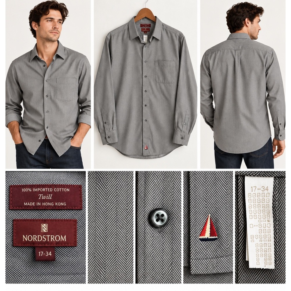 Nordstrom Mens 17-34 Gray Herringbone Cotton Twill Button Shirt Hong Kong
